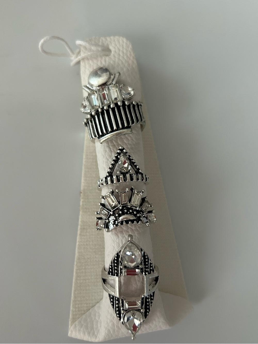 Free People Silver Statement Ring Stack Set Clear Crystal Rhinestone Boho 4 Pc